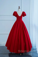 Dark Red Short Sleeve Long Semi Formal Prom Dress, Beautiful A-Line Evening Party Dress