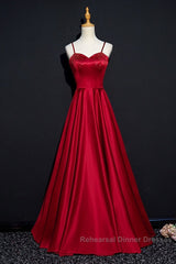 Dark Red Straps Beaded Sweetheart Satin Long Party Dress, Wine Red Semi Formal Prom Dresses