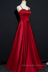 Dark Red Straps Beaded Sweetheart Satin Long Party Dress, Wine Red Semi Formal Prom Dresses