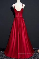 Dark Red Straps Beaded Sweetheart Satin Long Party Dress, Wine Red Semi Formal Prom Dresses