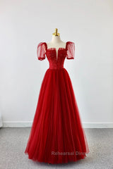 Dark Red Tulle Floor Length Formal Dress, Beautiful A-Line Short Sleeve Evening Dress With Beaded
