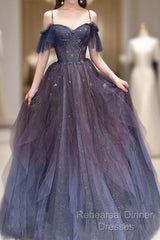 Dark Starry Sky Purple Tulle Long Semi Formal Prom Dress Purple Evening Dress