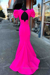 Deep V-Neck Hot Pink Mermaid Long Semi Formal Prom Dress With Balloon Sleeves