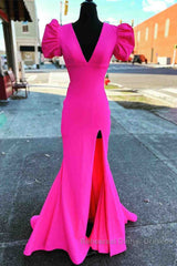 Deep V-Neck Hot Pink Mermaid Long Semi Formal Prom Dress With Balloon Sleeves