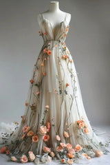 Deep V Neck Wedding Dresses 3D Flowers Appliques Tulle A-Line Semi Formal Prom Gowns
