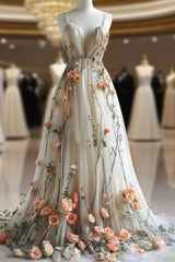 Deep V Neck Wedding Dresses 3D Flowers Appliques Tulle A-Line Semi Formal Prom Gowns