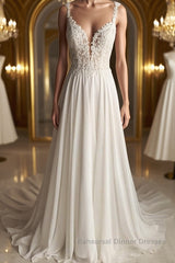 Deep V Neck White Lace Long Semi Formal Prom Dresses, Long White Formal Dresses, White Lace Evening Dresses, White Bridesmaid Dresses