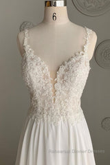 Deep V Neck White Lace Long Semi Formal Prom Dresses, Long White Formal Dresses, White Lace Evening Dresses, White Bridesmaid Dresses
