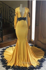 Deep V Neck Yellow Semi Formal Prom Dresses Black Lace Applique Evening Gown
