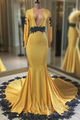 Deep V Neck Yellow Semi Formal Prom Dresses Black Lace Applique Evening Gown