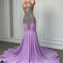 Long Lilac Sleeveless Halter Mermaid Semi Formal Prom Dresses With Beadings