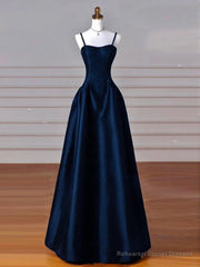 Dreamy Dark Blue Spaghetti Straps Satin Prom Dress