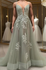Dusty Sage Semi Formal Prom Dresses Plunging V Neck Appliques Lace-Up A-line Long Evening Gown
