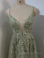 Dusty Sage Semi Formal Prom Dresses Plunging V Neck Appliques Lace-Up A-line Long Evening Gown