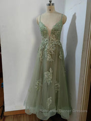 Dusty Sage Semi Formal Prom Dresses Plunging V Neck Appliques Lace-Up A-line Long Evening Gown