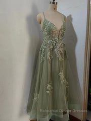 Dusty Sage Semi Formal Prom Dresses Plunging V Neck Appliques Lace-Up A-line Long Evening Gown