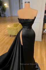 Elegant A-line Graduation Dresses Long Black Semi Formal Prom Dresses With Split Online