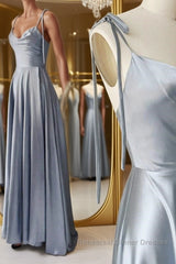 Elegant A Line Gray Satin Long Semi Formal Prom Dresses, Gray Formal Graduation Evening Dresses