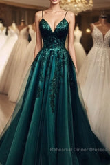 Elegant A Line Green Tulle Spaghetti Straps Appliques Semi Formal Prom Dress