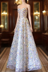 Elegant A Line Strapless Floral Long Semi Formal Prom Dress