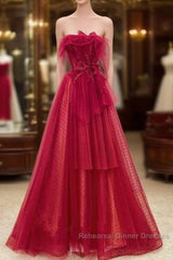 Elegant A Line Strapless Red Tulle Long Semi Formal Prom Dress