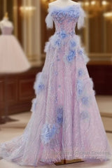 Elegant A Line Strapless Tulle Floral Semi Formal Prom Dress