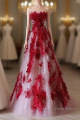 Elegant A Line Strapless Tulle Floral Red Semi Formal Prom Dress
