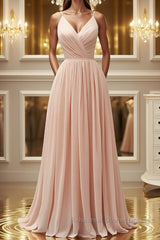 Elegant A Line V Neck Pink Long Semi Formal Prom Dresses, Pink Formal Graduation Evening Dresses