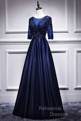 Elegant And Noble Blue Short Sleeved Lace Decal Ball Dress With Blue V-Neck Satin And Beaded Back Zipper And Floor Length Evening Dress