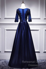 Elegant And Noble Blue Short Sleeved Lace Decal Ball Dress With Blue V-Neck Satin And Beaded Back Zipper And Floor Length Evening Dress