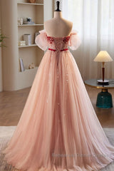 Elegant And Sweet Powder Blusher Powder Beading Sequins Off Shoulder Short Sleeve Semi Formal Prom Dress Powder Blusher Powder A-Shaped Princess Bow Belt Tulle Backless And Floor Length Evening Dress