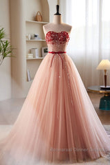 Elegant And Sweet Powder Blusher Powder Beading Sequins Off Shoulder Short Sleeve Semi Formal Prom Dress Powder Blusher Powder A-Shaped Princess Bow Belt Tulle Backless And Floor Length Evening Dress