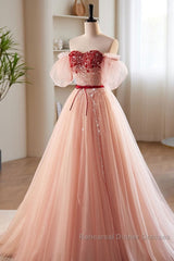 Elegant And Sweet Powder Blusher Powder Beading Sequins Off Shoulder Short Sleeve Semi Formal Prom Dress Powder Blusher Powder A-Shaped Princess Bow Belt Tulle Backless And Floor Length Evening Dress