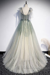 Elegant And Sweet Sage Green Sleeveless Off Shoulder Beads With Sparkling Sheer Sequins Semi Formal Prom Dress Sage Green A-Line Princess Shoulder Off Back Sweeping Train Ruffle Edge Evening Dress