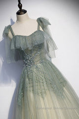 Elegant And Sweet Sage Green Sleeveless Off Shoulder Beads With Sparkling Sheer Sequins Semi Formal Prom Dress Sage Green A-Line Princess Shoulder Off Back Sweeping Train Ruffle Edge Evening Dress