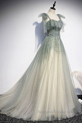 Elegant And Sweet Sage Green Sleeveless Off Shoulder Beads With Sparkling Sheer Sequins Semi Formal Prom Dress Sage Green A-Line Princess Shoulder Off Back Sweeping Train Ruffle Edge Evening Dress