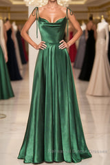 Elegant Backless Green Satin Long Semi Formal Prom Dresses, Backless Green Formal Graduation Evening Dresses