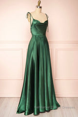 Elegant Backless Green Satin Long Semi Formal Prom Dresses, Backless Green Formal Graduation Evening Dresses