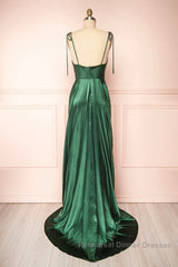 Elegant Backless Green Satin Long Semi Formal Prom Dresses, Backless Green Formal Graduation Evening Dresses