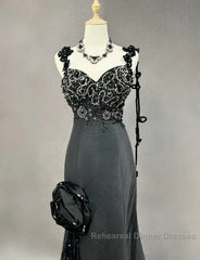 Elegant Black Mermaid Satin Beaded Sequin Long Semi Formal Prom Dress, Sweetheart Neck Evening Dress