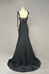 Elegant Black Mermaid Satin Beaded Sequin Long Semi Formal Prom Dress, Sweetheart Neck Evening Dress