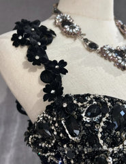 Elegant Black Mermaid Satin Beaded Sequin Long Semi Formal Prom Dress, Sweetheart Neck Evening Dress