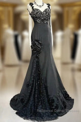 Elegant Black Mermaid Satin Beaded Sequin Long Semi Formal Prom Dress, Sweetheart Neck Evening Dress