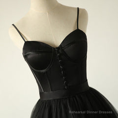 Elegant Black Straps Tulle Sweetheart Prom Dress, Black Party Dress