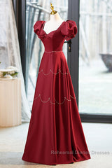 Elegant Burgundy Satin Long Semi Formal Prom Dress With Beaded, Burgundy Short Sleeve Evening Dress