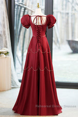 Elegant Burgundy Satin Long Semi Formal Prom Dress With Beaded, Burgundy Short Sleeve Evening Dress