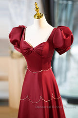Elegant Burgundy Satin Long Semi Formal Prom Dress With Beaded, Burgundy Short Sleeve Evening Dress