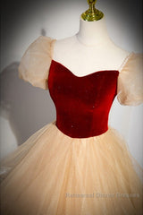 Elegant Burgundy Sparkling Sequin Square Neck Fluffy Short Sleeved Ball Dress, Burgundy Princess Sheer Backless Strap, Floor Length Layered Ruffle Edge Semi Formal Prom Dress