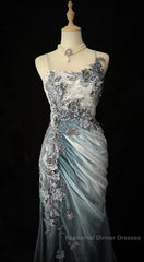 Elegant Chiffon Mermaid Gown For Semi Formal Prom&Party Spaghetti Strap Sequined Applique Evening Gown