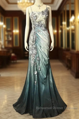 Elegant Chiffon Mermaid Gown For Semi Formal Prom&Party Spaghetti Strap Sequined Applique Evening Gown